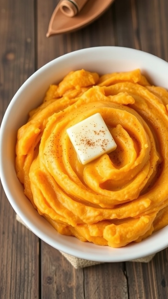 A bowl of creamy mashed sweet potatoes with butter and cinnamon on a rustic table.